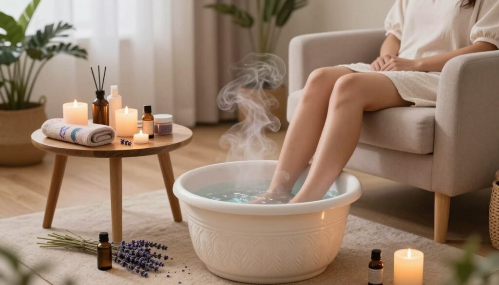 A cozy, customized foot bath setup designed for deep relaxation and restful sleep. In the foreground, a beautifully detailed ceramic foot bath filled with warm, gently steaming water, surrounded by soothing essential oils and lavender sprigs. A small, elegant wooden table nearby holds an array of calming items like candles and a soft, decorative towel. In the middle ground, a plush, inviting armchair and soft, dim lighting create an atmosphere of tranquility. The background features a serene, softly-lit room with natural decor, like potted plants and soft pastel colors, enhancing the calming ambiance. The scene is captured from a slightly elevated angle, with a focus on the foot bath, inviting a sense of peace and comfort.