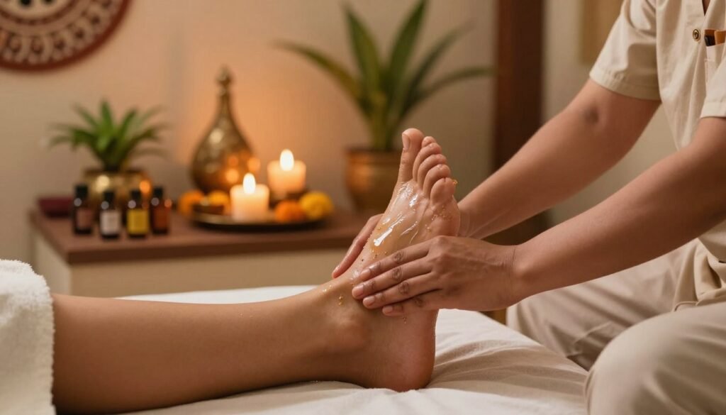 A serene Ayurvedic foot massage setting featuring a therapist gently applying herbal oil to a client’s feet in a calming, softly lit room. In the foreground, the focus is on the therapist's hands skillfully massaging the feet, with visible details of the flow of oil and soothing textures of the skin. The middle ground showcases elegant Ayurvedic decorations, including a small altar with essential oils, candles, and plants that evoke tranquility. In the background, warm, diffused lighting creates an inviting and peaceful atmosphere with hints of traditional Indian motifs on the walls. The mood conveys relaxation and holistic healing, emphasizing the therapeutic benefits of this ancient practice. The scene avoids any text or branding, creating a pure and professional environment.