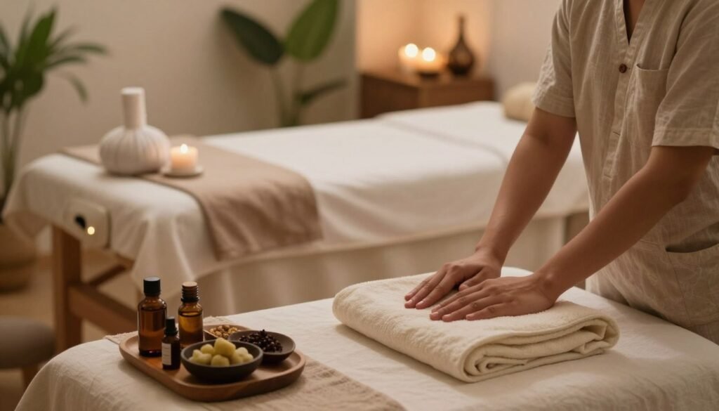 A serene and calming indoor setting for a wellness spa, featuring a beautifully arranged massage space. In the foreground, a therapist in modest casual clothing prepares a massage area with natural ingredients. There are gentle herbal oils displayed, while a peaceful ambiance is created with soft lighting. The middle ground depicts a comfortable massage table adorned with organic cotton linens and a few candles emitting a soft glow. The background includes soothing elements like green plants and traditional Ayurvedic decor. The overall mood is tranquil and inviting, conveying a sense of safety and relaxation. The angle is slightly elevated to capture the scene's peacefulness and focus on the preparation for a pada abhyanga session.
