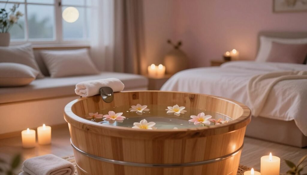 A serene and inviting bedroom scene featuring a luxurious footbath set against a calming backdrop. In the foreground, a beautifully designed wooden footbath filled with warm, soothing water, surrounded by soft, aromatic candles casting a gentle glow. Delicate flowers float on the water's surface, enhancing the ambiance. In the middle ground, a plush towel lies nearby, inviting relaxation. The background reveals a softly lit room with warm, pastel wall colors, and comfortable cushions arranged for resting. A large window allows the soft moonlight to filter in, creating tranquil shadows. The mood is peaceful and tranquil, capturing the essence of deep relaxation and the ideal environment for restful sleep. The scene is softly illuminated, emphasizing warmth and comfort, suggesting a welcoming atmosphere for a bedtime ritual.