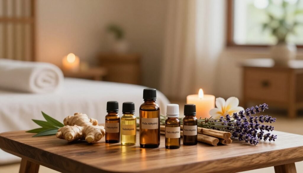 A serene and inviting setting for essential oils used in Pada Abhyanga, featuring a neatly arranged wooden table in the foreground displaying small, elegant glass bottles of various essential oils, each labeled with their names. Next to the oils, vibrant herbs like ginger, sandalwood, and lavender are artfully placed, enhancing the natural theme. In the middle ground, soothing elements like a gently flickering candle and fresh flowers add warmth. The background showcases a softly lit, tranquil spa room with soft bamboo accents and a subtle hint of greenery through a window, suggesting a peaceful atmosphere. The lighting is warm and diffuse, creating a calming ambiance. The mood is one of holistic wellness and relaxation, perfect for illustrating the therapeutic benefits of Ayurvedic practices.
