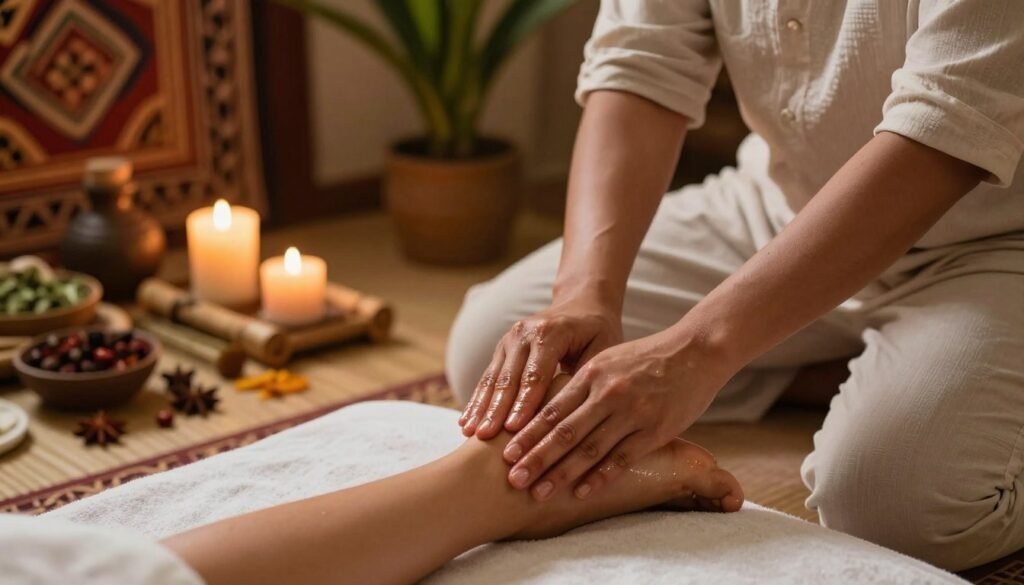 A serene ayurvedic foot massage scene, featuring a calm and focused therapist in modest casual attire gently applying traditional techniques. The foreground includes close-up details of the therapist's hands skillfully performing the massage on a client's foot, showcasing the use of warm herbal oils. In the middle ground, a soothing, culturally-inspired massage space with natural elements like bamboo, spices, and candles creates a tranquil atmosphere. Soft, warm lighting illuminates the scene, enhancing the relaxed mood, while the background includes subtle hints of greenery and intricate fabric patterns that evoke a sense of well-being. The angle captures both the therapeutic process and the peaceful ambiance, emphasizing the holistic essence of the Ayurvedic practice.