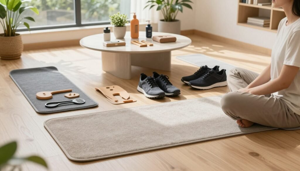A serene indoor setting showcasing a range of earthing products, including earthing mats, grounding sheets, and conductive footwear, artistically arranged on a light wooden floor. In the foreground, place a soft, neutral-toned earthing mat, with a person in modest casual clothing sitting cross-legged on it, appearing relaxed and at ease. The middle layer features various earthing tools displayed on a stylish coffee table, surrounded by potted plants that contribute to a calming atmosphere. In the background, large windows filter in natural sunlight, casting gentle shadows and highlighting the products. The overall mood is peaceful and restorative, evoking a sense of wellness and connection to nature. The scene is captured from a slightly elevated angle, showcasing all elements harmoniously.