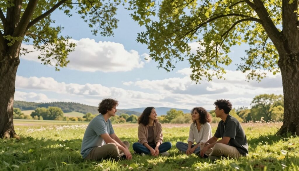 A serene outdoor scene illustrating the mental and emotional benefits of grounding. In the foreground, a diverse group of three individuals, dressed in modest casual clothing, are sitting on lush green grass, smiling and engaged in conversation, their hands touching the earth. In the middle ground, a clear blue sky with fluffy white clouds enhances the sense of peace. Surrounding trees provide soft dappled sunlight filtering through the leaves, casting gentle patterns on the ground. In the background, a picturesque landscape of rolling hills and blooming wildflowers reflects tranquility and connection to nature. The mood is uplifting and calming, conveying relaxation and well-being. Use a wide-angle lens to capture the expansive beauty of the environment, with warm, natural lighting to enhance the inviting atmosphere.