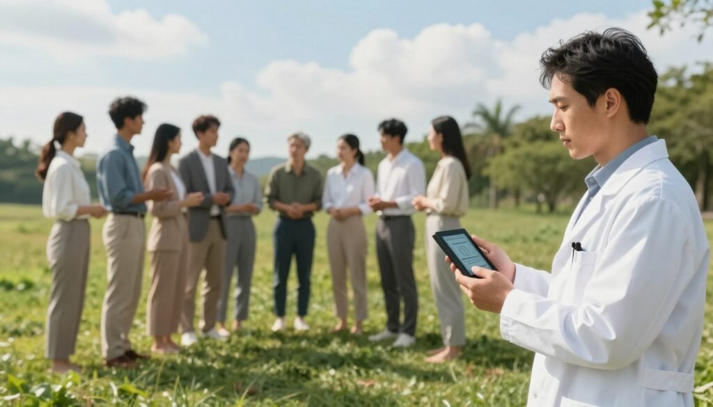 A serene outdoor scene illustrating the scientific concept of earthing, featuring a diverse group of people in professional business attire or modest casual clothing, standing barefoot on lush green grass, connecting with the earth. In the foreground, a scientist holds a digital device displaying data on the health benefits of earthing, their expression focused and contemplative. The middle ground features a small gathering, with individuals engaged in discussions, surrounded by nature. The background showcases a bright blue sky with fluffy white clouds and trees swaying gently in a warm breeze. Soft, natural lighting enhances the tranquil atmosphere, creating a sense of calm and well-being that resonates with the theme of the earthing effect on the human body.