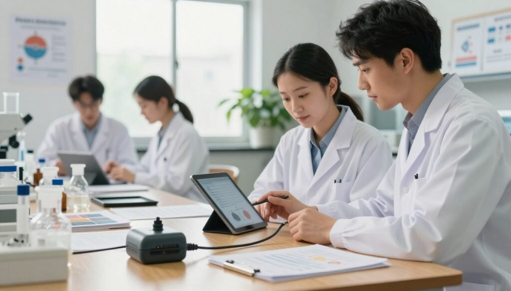A serene research laboratory setting focused on earthing studies, with a diverse group of two scientists (a woman and a man) dressed in professional lab coats, examining data on a digital tablet. In the foreground, a close-up of a grounded connection device resting on a wooden table, surrounded by scattered papers and earthing research materials. The middle ground features a large, bright window allowing natural light to flood in, illuminating charts and diagrams on the walls about the health benefits of earthing. The background showcases a green indoor plant, symbolizing wellness. The atmosphere is calm and focused, with a soft, warm light highlighting the subjects, shot at eye level with a slightly blurred background for depth. The composition conveys a sense of discovery and scientific inquiry.