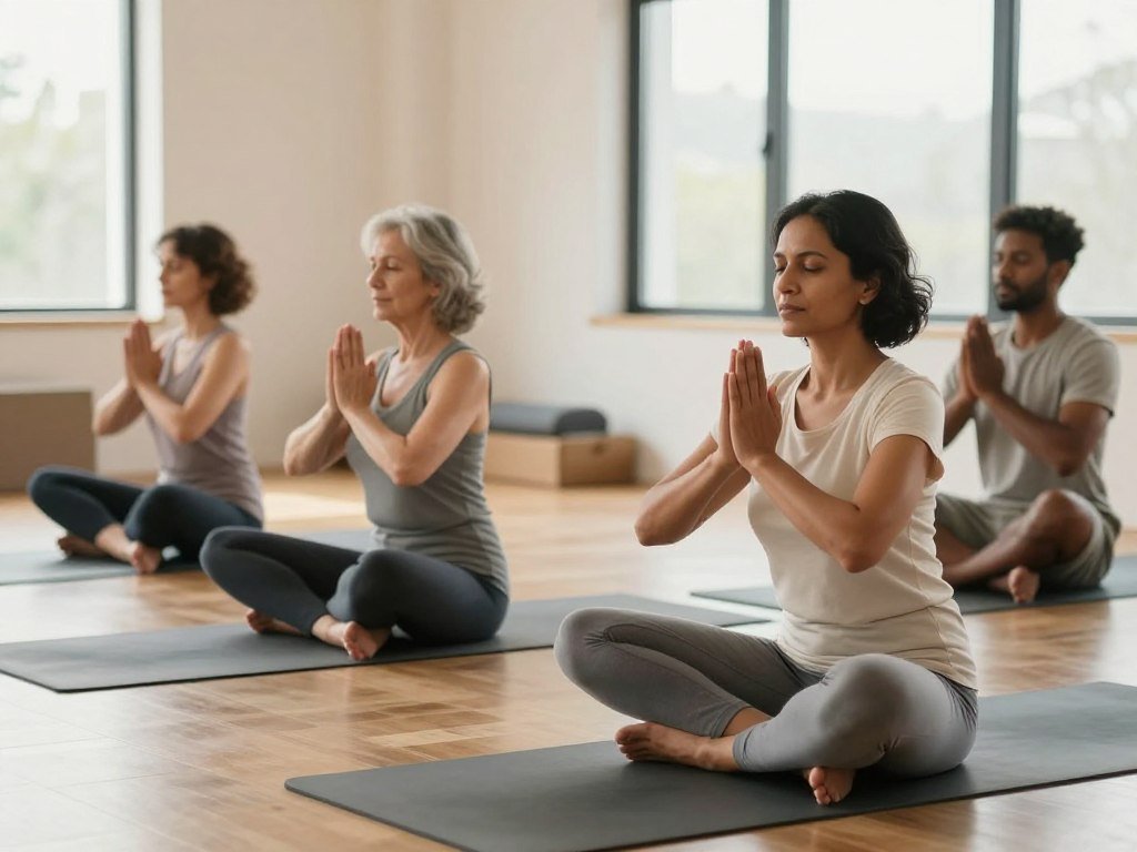 A serene indoor yoga studio setting, featuring a diverse group of four individuals practicing advanced Kapalbhati pranayama techniques. In the foreground, showcase a middle-aged South Asian woman sitting cross-legged, demonstrating the technique with focused expression, dressed in modest, professional yoga attire. Beside her, a young Black man in a similar outfit follows her lead, breathing deeply. In the middle ground, capture two additional practitioners: an older Caucasian woman and a younger Hispanic man, both engaged in the practice with concentration, surrounded by yoga mats and props. The background reveals large windows, allowing soft natural light to flood the space, enhancing the tranquil atmosphere. Aim for a wide-angle view that incorporates the ambiance of peace and mindfulness, with warm lighting to convey a nurturing vibe.