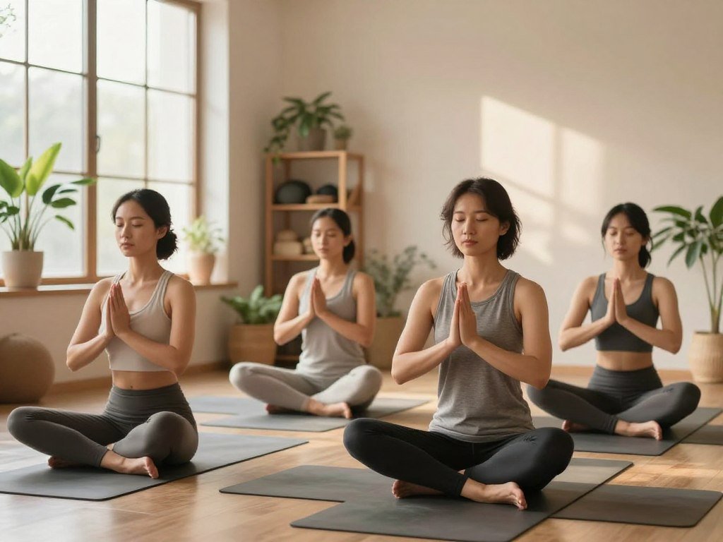 A serene indoor yoga studio setting, softly lit with warm, natural light filtering through large windows. In the foreground, a diverse group of three individuals—one male and two female—practice kapalbhati pranayama, each in comfortable, modest yoga attire. Their expressions reflect concentration and mindfulness, with one demonstrating proper posture while sitting cross-legged on yoga mats. Surrounding them, calming decor composed of indoor plants and soft, neutral colors creates a tranquil atmosphere. The middle ground features a wooden shelf carrying yoga props, while the softly blurred background highlights sunlight illuminating the space, enhancing a sense of peaceful energy. The composition should focus on the correct technique and create a feeling of harmony and focus amidst practice.